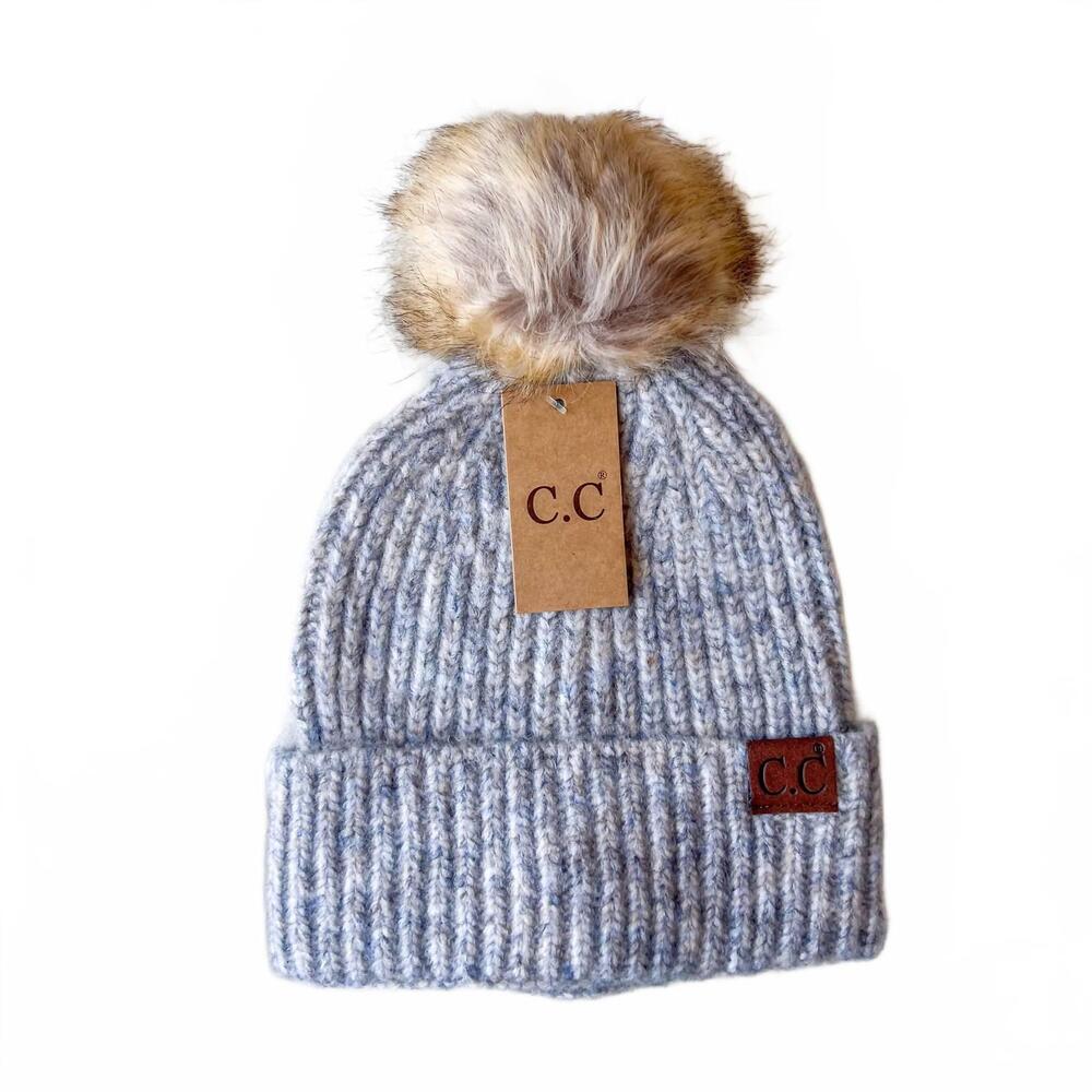 NEW CC BEANIES women's soft ribbed fur pom beanie in dove